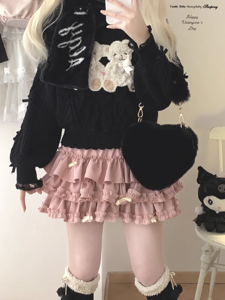 Y2K Sweet Ruffles Mini Skirt Women Kawaii Lolita Bow A Line Skirts Harajuku Japanese Cute High Waist Pink Blue Cake Skirt