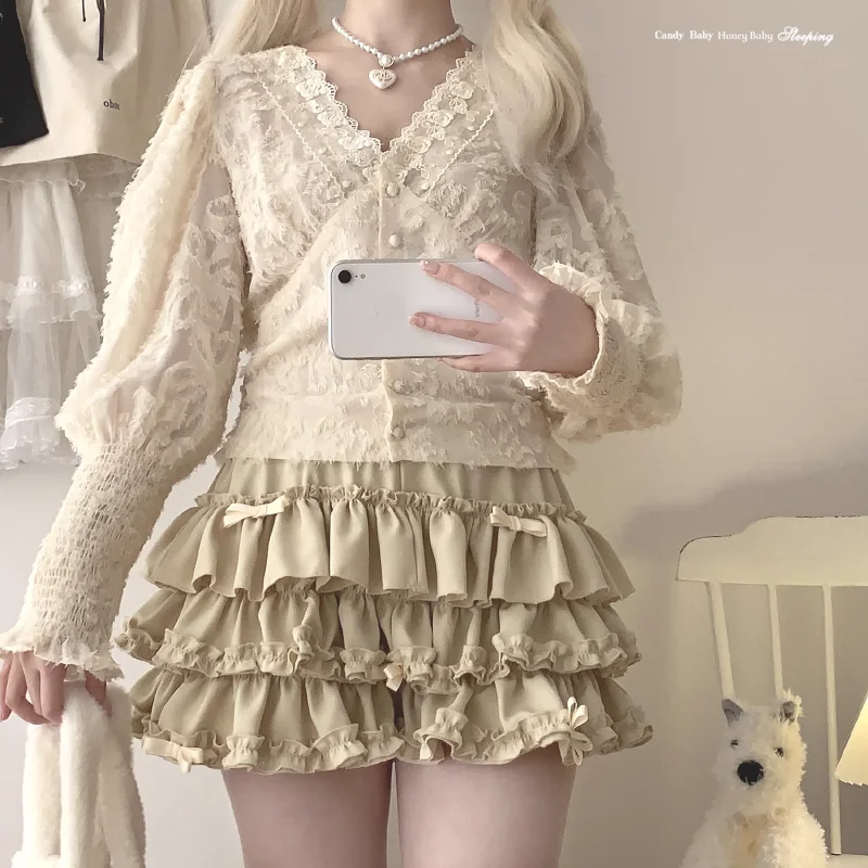 Y2K Sweet Ruffles Mini Skirt Women Kawaii Lolita Bow A Line Skirts Harajuku Japanese Cute High Waist Pink Blue Cake Skirt