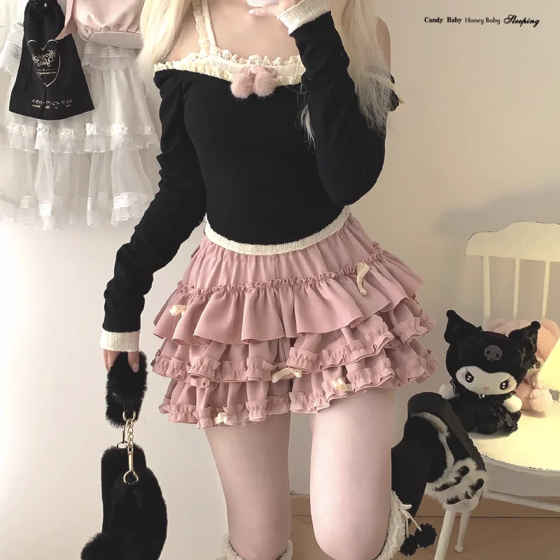 Y2K Sweet Ruffles Mini Skirt Women Kawaii Lolita Bow A Line Skirts Harajuku Japanese Cute High Waist Pink Blue Cake Skirt