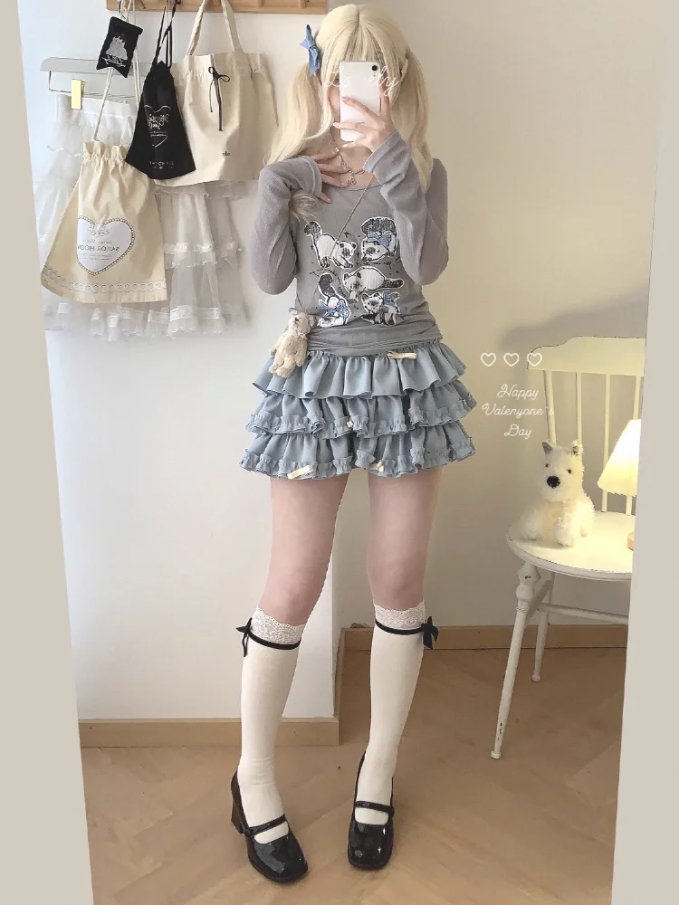 Y2K Sweet Ruffles Mini Skirt Women Kawaii Lolita Bow A Line Skirts Harajuku Japanese Cute High Waist Pink Blue Cake Skirt