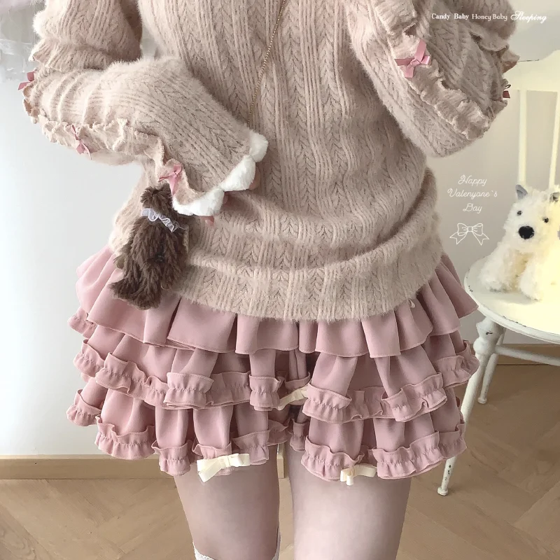 Y2K Sweet Ruffles Mini Skirt Women Kawaii Lolita Bow A Line Skirts Harajuku Japanese Cute High Waist Pink Blue Cake Skirt
