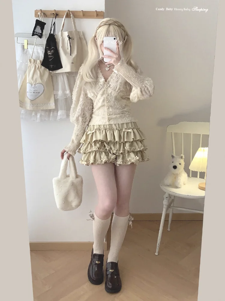 Y2K Sweet Ruffles Mini Skirt Women Kawaii Lolita Bow A Line Skirts Harajuku Japanese Cute High Waist Pink Blue Cake Skirt