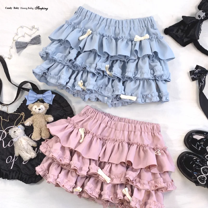 Y2K Sweet Ruffles Mini Skirt Women Kawaii Lolita Bow A Line Skirts Harajuku Japanese Cute High Waist Pink Blue Cake Skirt