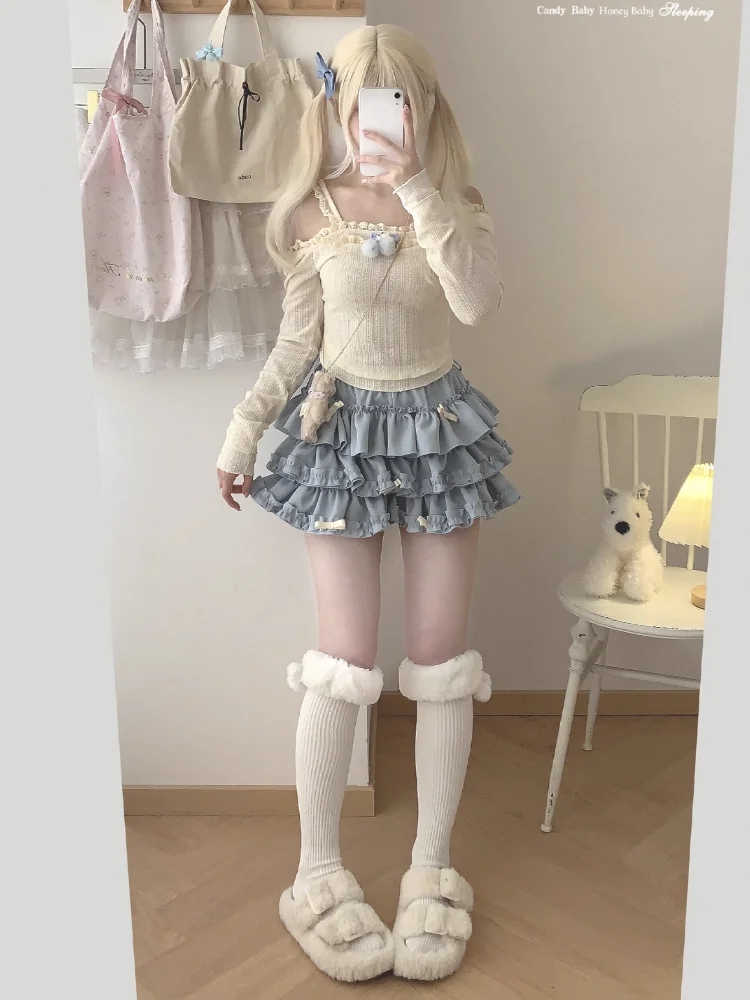 Y2K Sweet Ruffles Mini Skirt Women Kawaii Lolita Bow A Line Skirts Harajuku Japanese Cute High Waist Pink Blue Cake Skirt