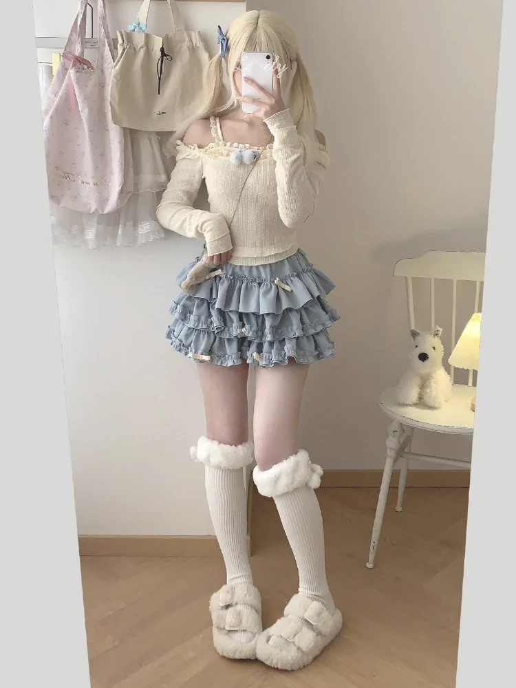 Y2K Sweet Ruffles Mini Skirt Women Kawaii Lolita Bow A Line Skirts Harajuku Japanese Cute High Waist Pink Blue Cake Skirt