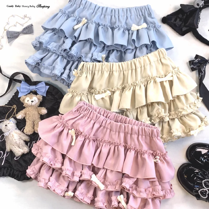 Y2K Sweet Ruffles Mini Skirt Women Kawaii Lolita Bow A Line Skirts Harajuku Japanese Cute High Waist Pink Blue Cake Skirt