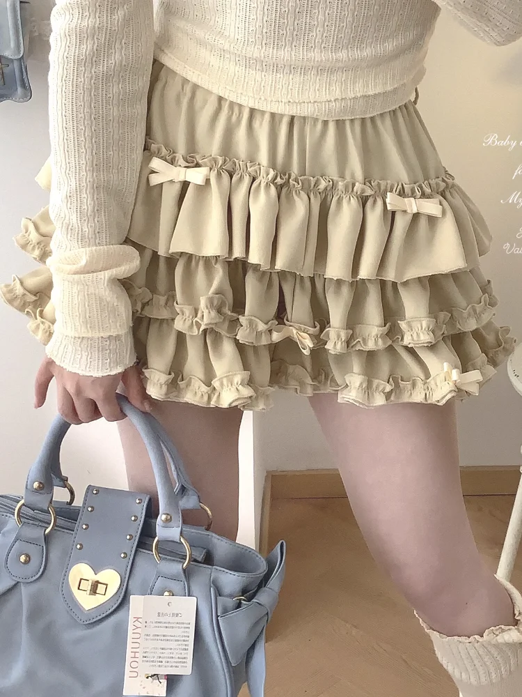 Y2K Sweet Ruffles Mini Skirt Women Kawaii Lolita Bow A Line Skirts Harajuku Japanese Cute High Waist Pink Blue Cake Skirt