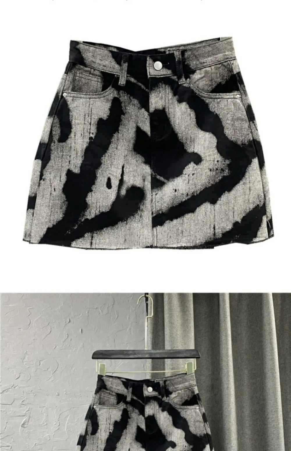 FAGADOER Women Gray Tie Dye Denim Mini Skirt High Waist A-line Jean Skirt Button Pocket Sexy Y2K Streetwear Printed Short Skirt