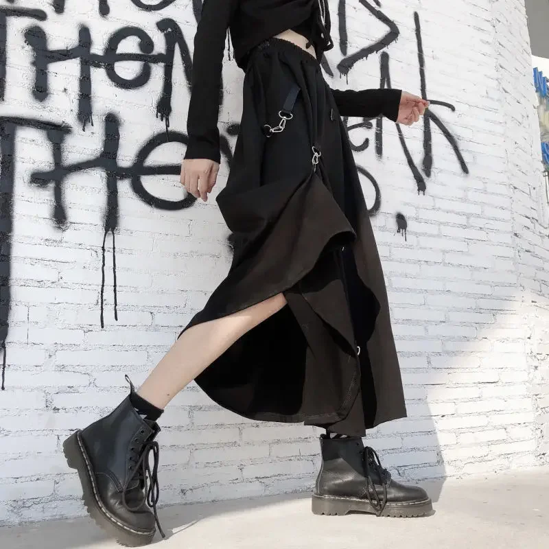 New 2025 Black Skirts Women Harajuku Punk Style High Waist Buckle Irregular Gothic Skirt Woman Hip Hop Streetwear Female
