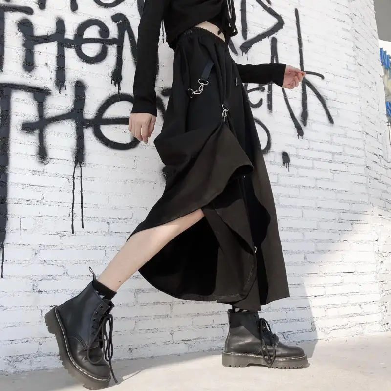 New 2025 Black Skirts Women Harajuku Punk Style High Waist Buckle Irregular Gothic Skirt Woman Hip Hop Streetwear Female