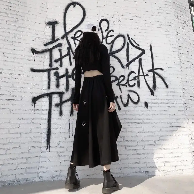 New 2025 Black Skirts Women Harajuku Punk Style High Waist Buckle Irregular Gothic Skirt Woman Hip Hop Streetwear Female