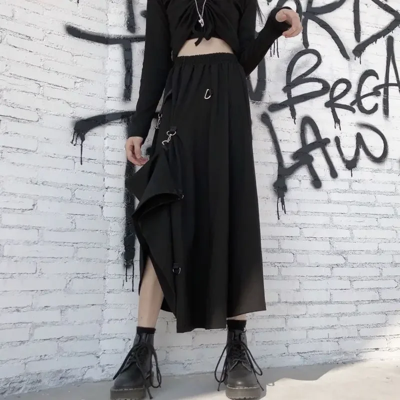 New 2025 Black Skirts Women Harajuku Punk Style High Waist Buckle Irregular Gothic Skirt Woman Hip Hop Streetwear Female