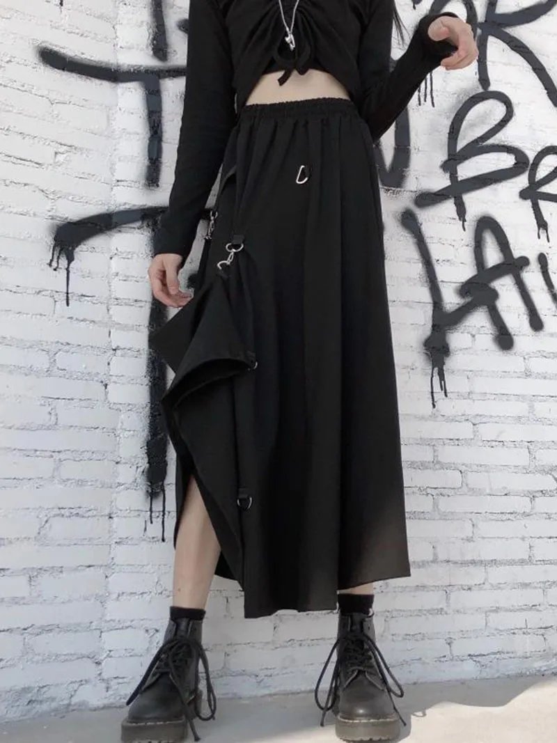 New 2025 Black Skirts Women Harajuku Punk Style High Waist Buckle Irregular Gothic Skirt Woman Hip Hop Streetwear Female