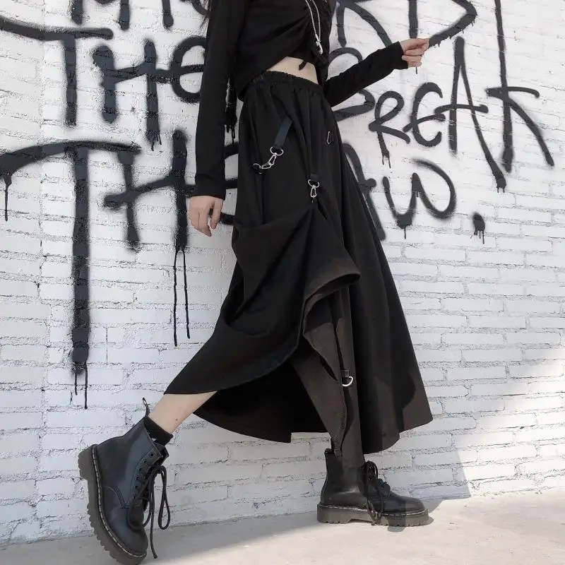 New 2025 Black Skirts Women Harajuku Punk Style High Waist Buckle Irregular Gothic Skirt Woman Hip Hop Streetwear Female