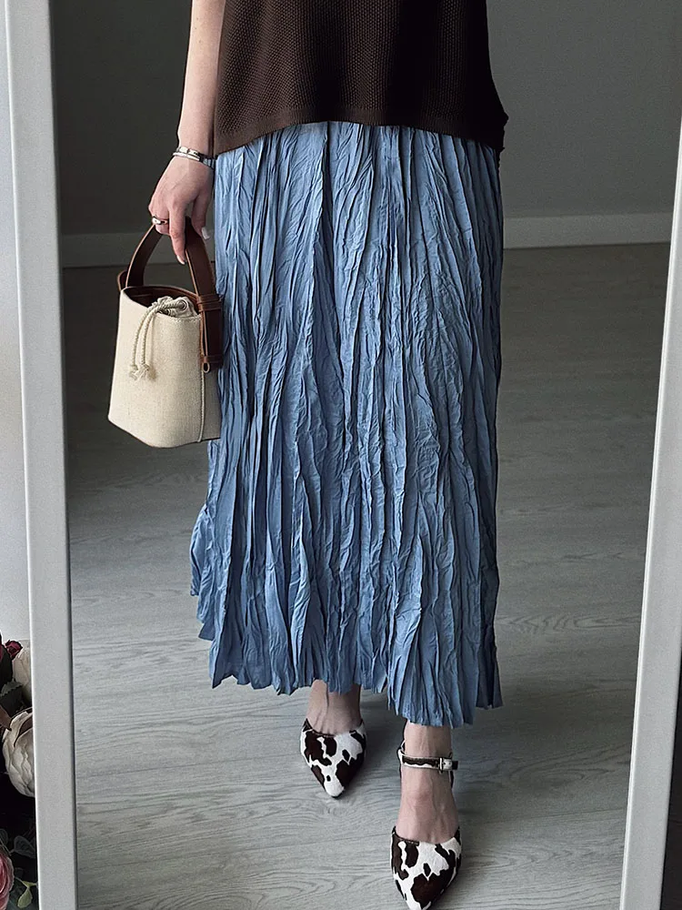 Streamgirl Women Summer Skirts Long Pleated A Line Elegant Solid Big Swing Maxi Skirt Ladies Blue White Beach Skirt Women Luxury