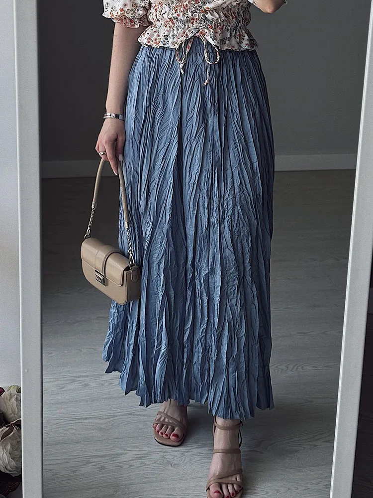 Streamgirl Women Summer Skirts Long Pleated A Line Elegant Solid Big Swing Maxi Skirt Ladies Blue White Beach Skirt Women Luxury