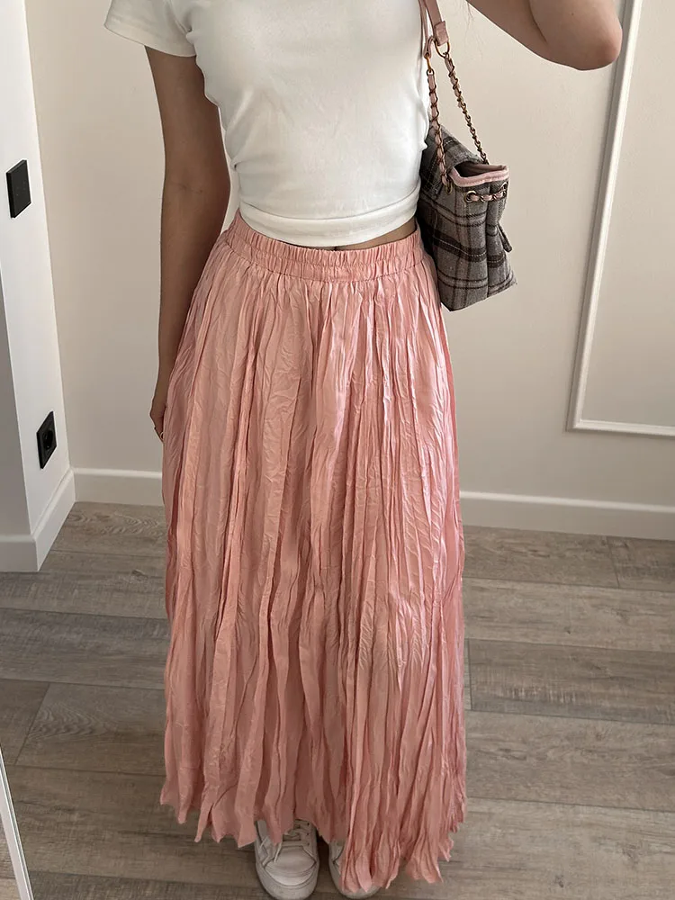 Streamgirl Women Summer Skirts Long Pleated A Line Elegant Solid Big Swing Maxi Skirt Ladies Blue White Beach Skirt Women Luxury
