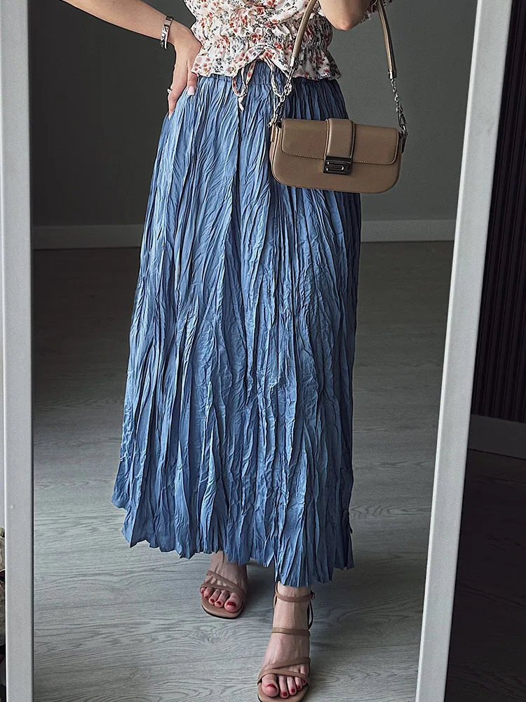 Streamgirl Women Summer Skirts Long Pleated A Line Elegant Solid Big Swing Maxi Skirt Ladies Blue White Beach Skirt Women Luxury
