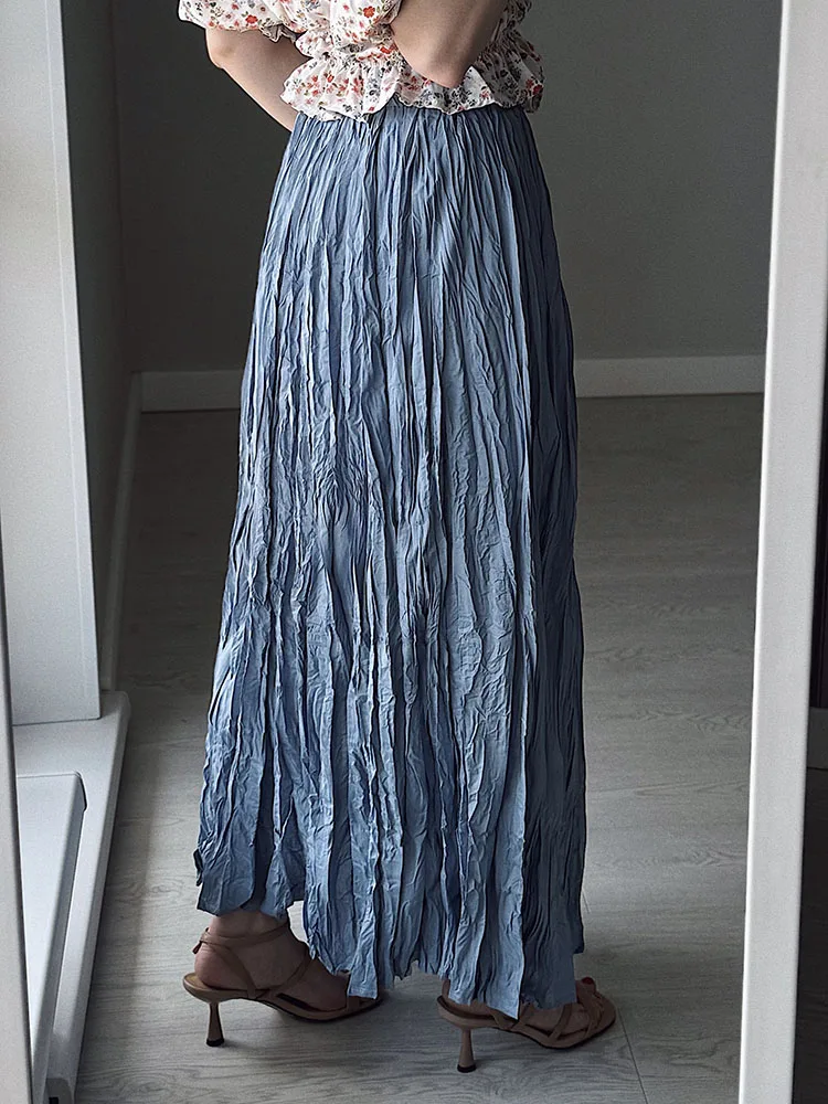 Streamgirl Women Summer Skirts Long Pleated A Line Elegant Solid Big Swing Maxi Skirt Ladies Blue White Beach Skirt Women Luxury