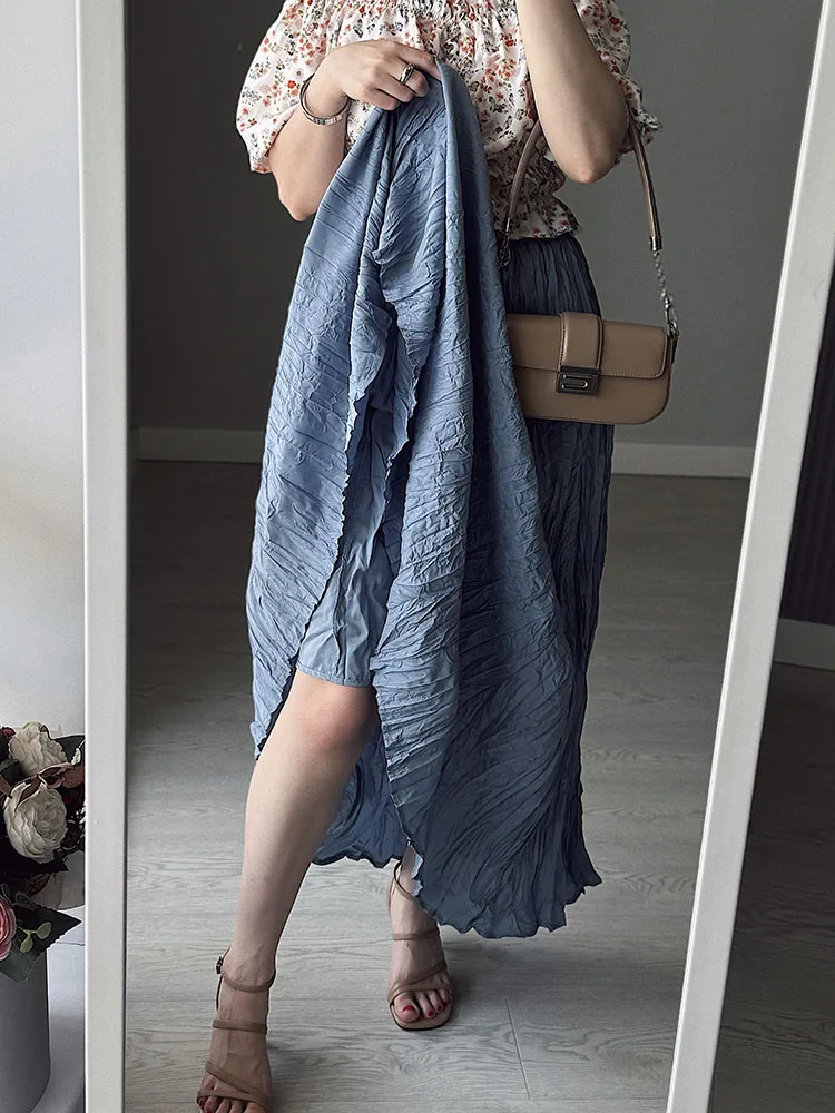Streamgirl Women Summer Skirts Long Pleated A Line Elegant Solid Big Swing Maxi Skirt Ladies Blue White Beach Skirt Women Luxury
