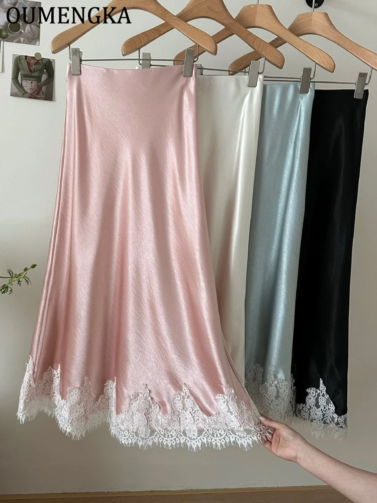 OUMENGKA Summer French Elegant Satin Mermaid Skirt Women Lace Patchwork Waist Elastic Long A-line Skirts Fashion Ladies