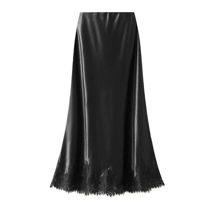 OUMENGKA Summer French Elegant Satin Mermaid Skirt Women Lace Patchwork Waist Elastic Long A-line Skirts Fashion Ladies