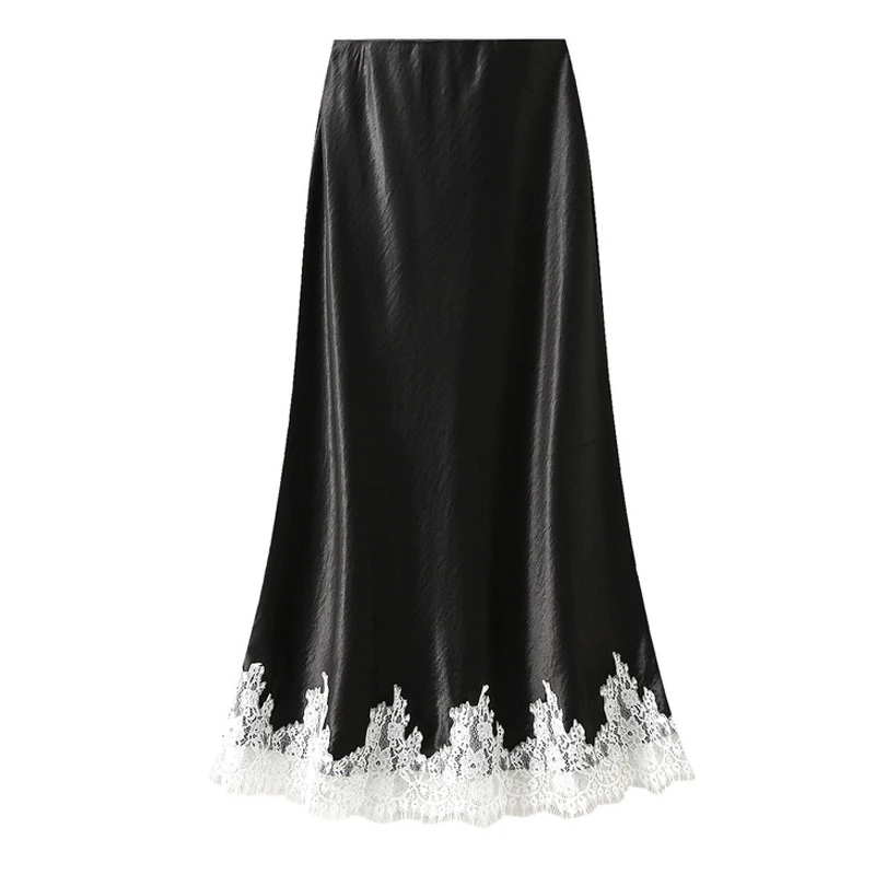 OUMENGKA Summer French Elegant Satin Mermaid Skirt Women Lace Patchwork Waist Elastic Long A-line Skirts Fashion Ladies