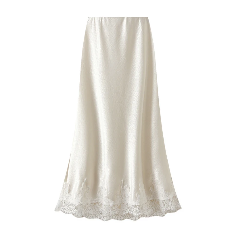 OUMENGKA Summer French Elegant Satin Mermaid Skirt Women Lace Patchwork Waist Elastic Long A-line Skirts Fashion Ladies
