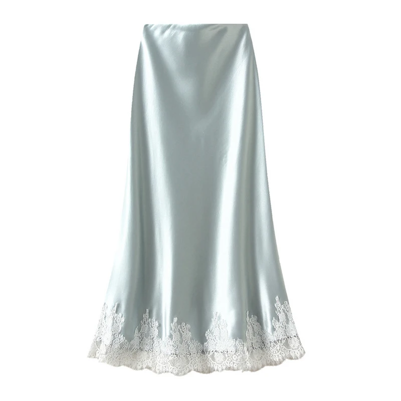 OUMENGKA Summer French Elegant Satin Mermaid Skirt Women Lace Patchwork Waist Elastic Long A-line Skirts Fashion Ladies