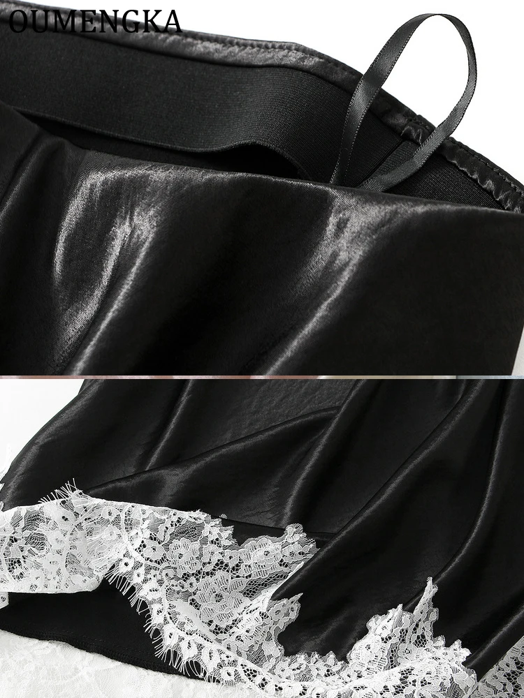 OUMENGKA Summer French Elegant Satin Mermaid Skirt Women Lace Patchwork Waist Elastic Long A-line Skirts Fashion Ladies