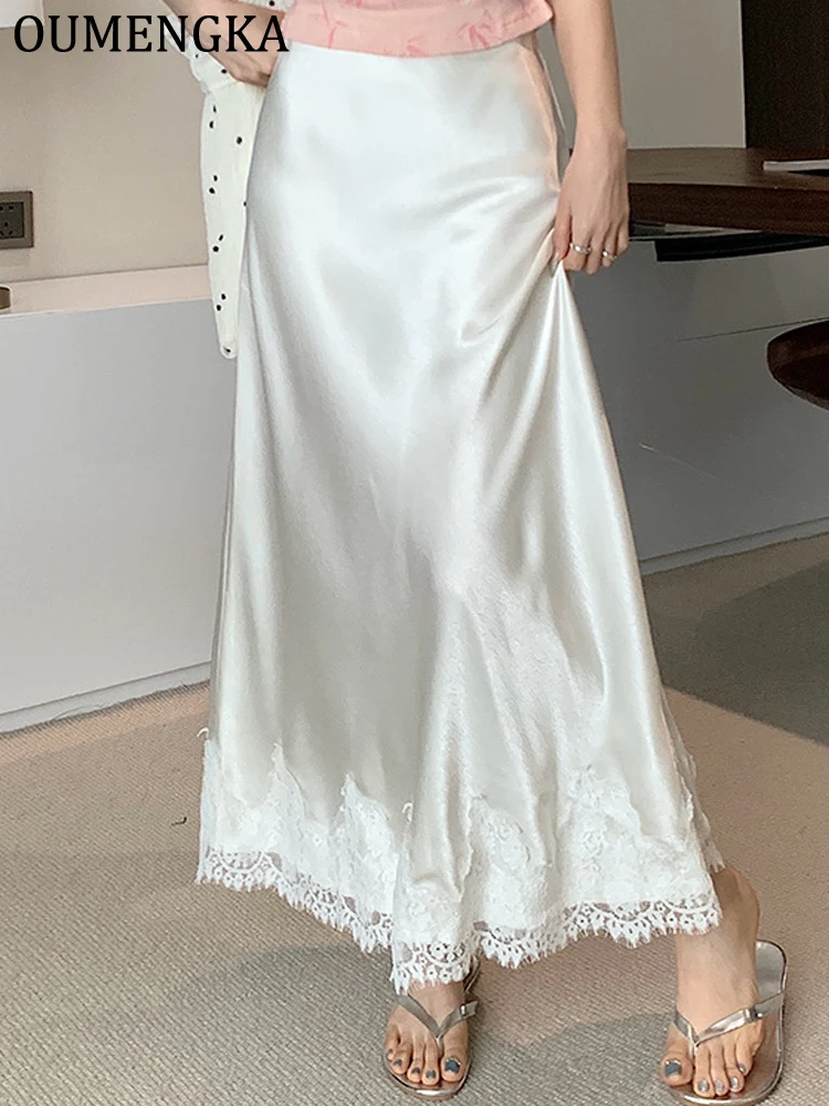 OUMENGKA Summer French Elegant Satin Mermaid Skirt Women Lace Patchwork Waist Elastic Long A-line Skirts Fashion Ladies