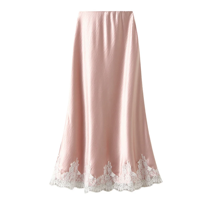 OUMENGKA Summer French Elegant Satin Mermaid Skirt Women Lace Patchwork Waist Elastic Long A-line Skirts Fashion Ladies