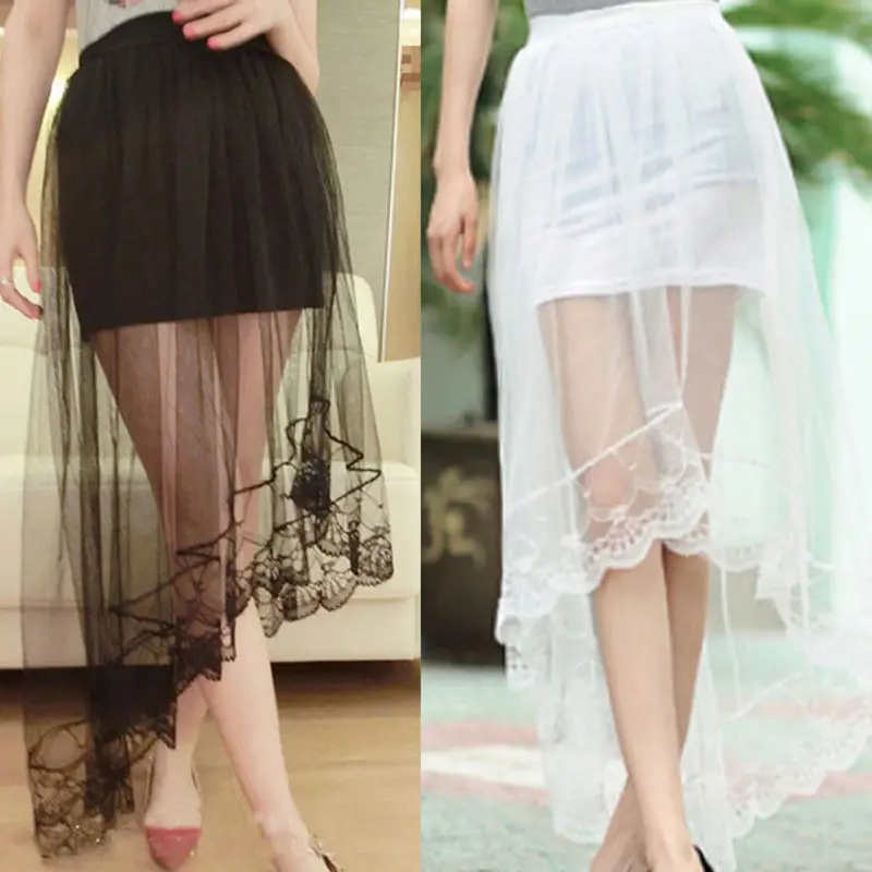 2022 Vintage Women Stretch High Waist Lace Skirt Women Skater Flared Pleated Swing Long Summer Skir
