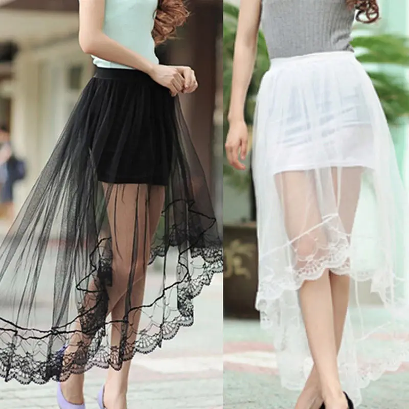 2022 Vintage Women Stretch High Waist Lace Skirt Women Skater Flared Pleated Swing Long Summer Skir