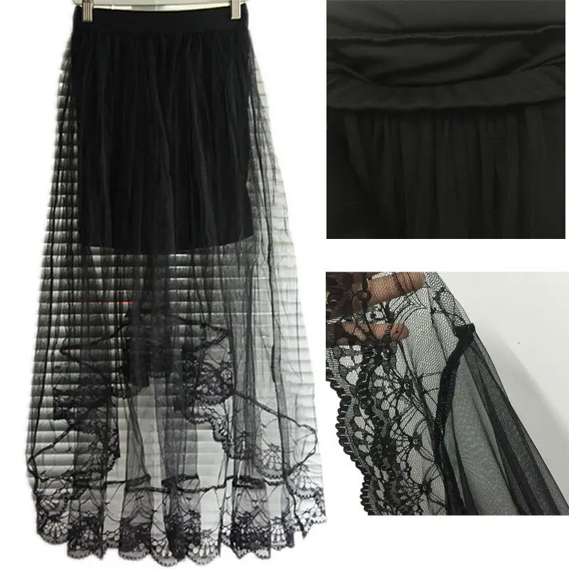 2022 Vintage Women Stretch High Waist Lace Skirt Women Skater Flared Pleated Swing Long Summer Skir