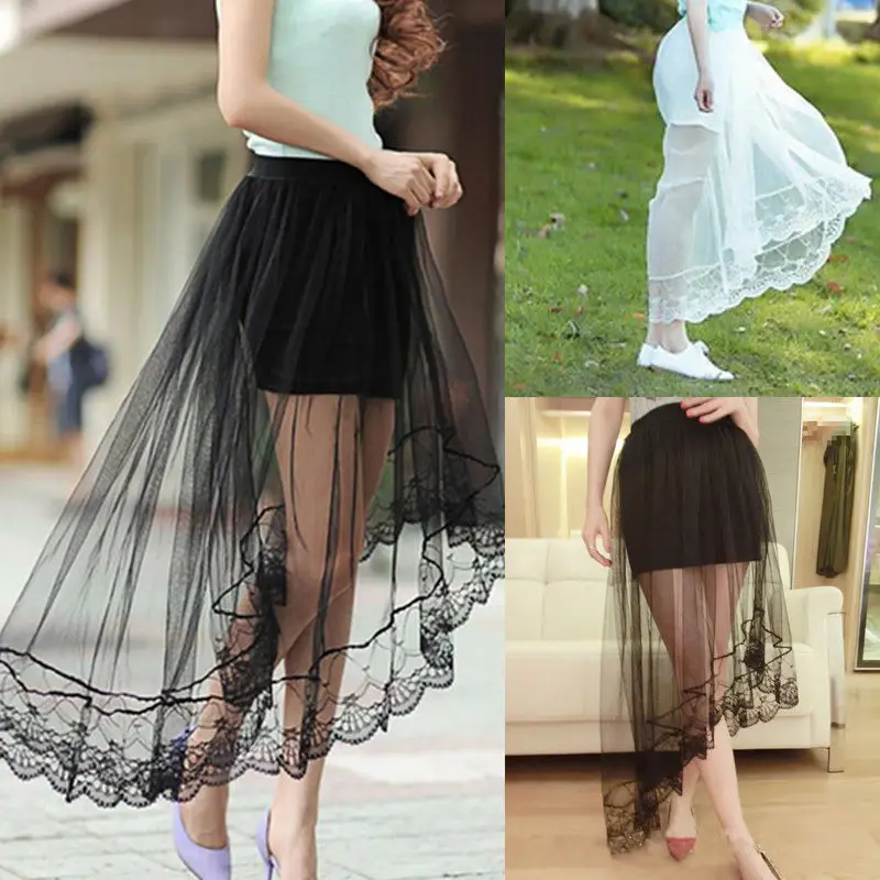 2022 Vintage Women Stretch High Waist Lace Skirt Women Skater Flared Pleated Swing Long Summer Skir