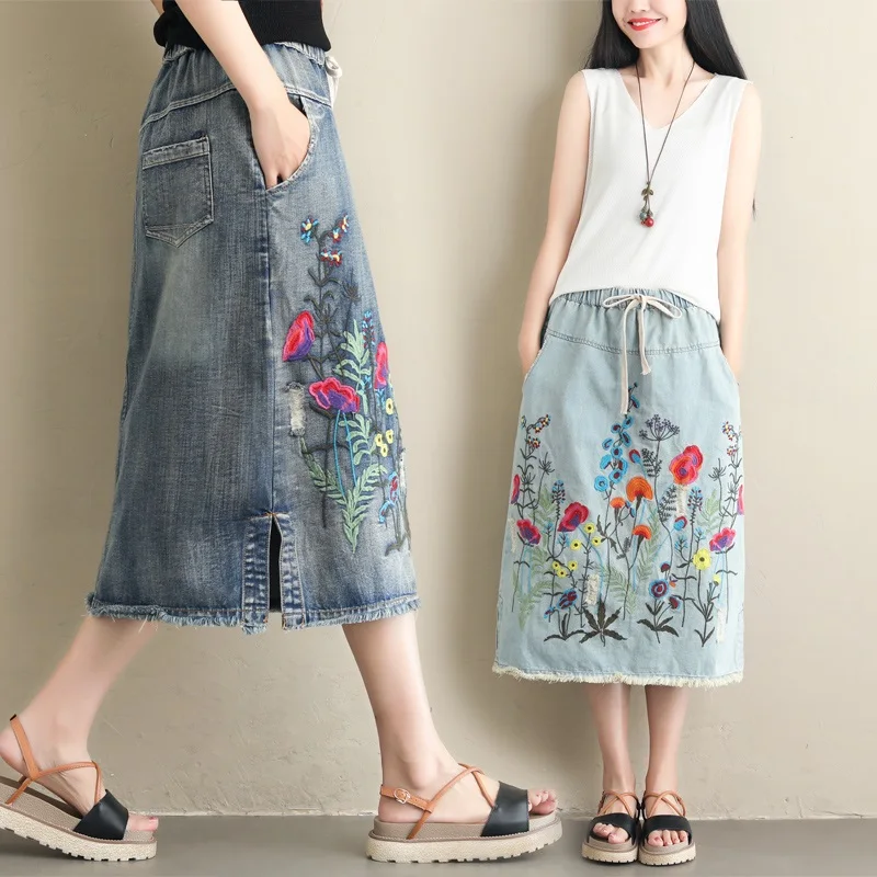 2026 vintage high waist spring summer autumn saias femininas casual loose long denim skirt women skirts female clothes