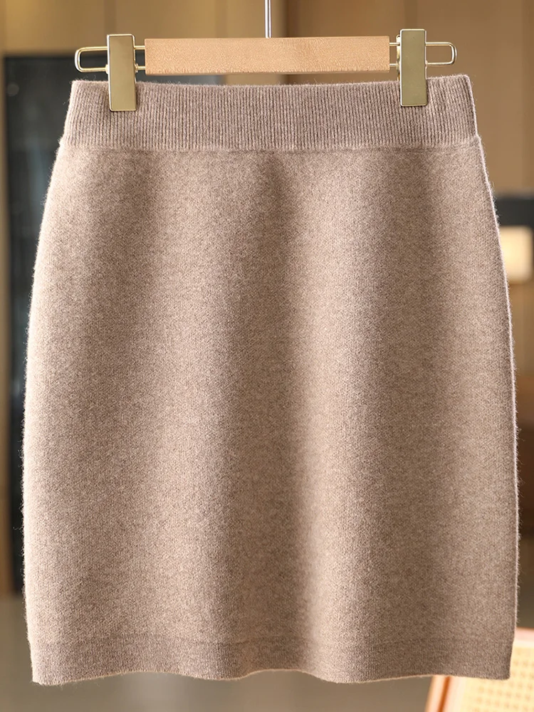 Women Wool Skirts Autumn Winter Office Lady Mini Slim Fit Skirt Elastic Waist 100% Merino Wool Knitted Cashmere Above Knee Dress