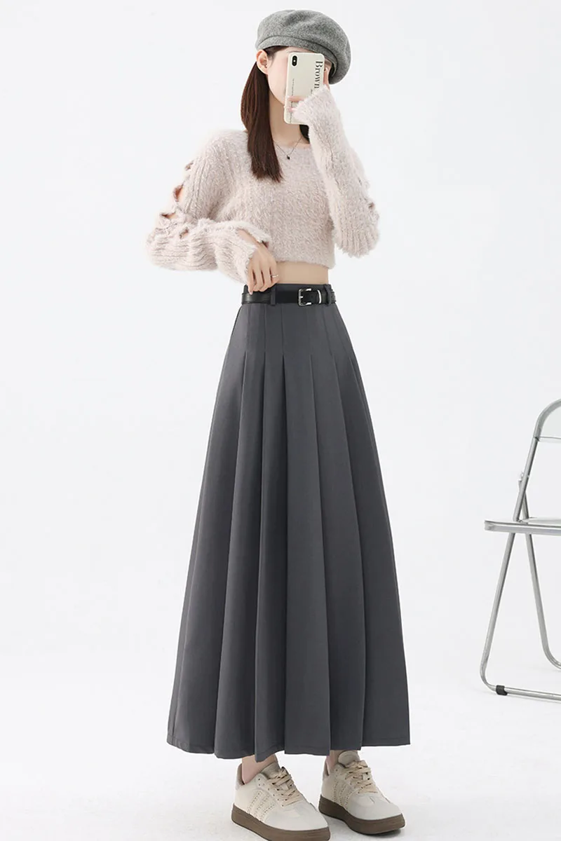 2026 New Women's Pleated Maxi Skirts Autumn High Waisted Zipper Jk Long Skirt Woman Elegant Loose Design Big Swing A-Line Skirts