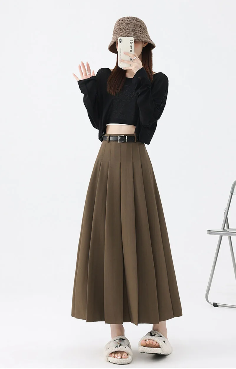2026 New Women's Pleated Maxi Skirts Autumn High Waisted Zipper Jk Long Skirt Woman Elegant Loose Design Big Swing A-Line Skirts
