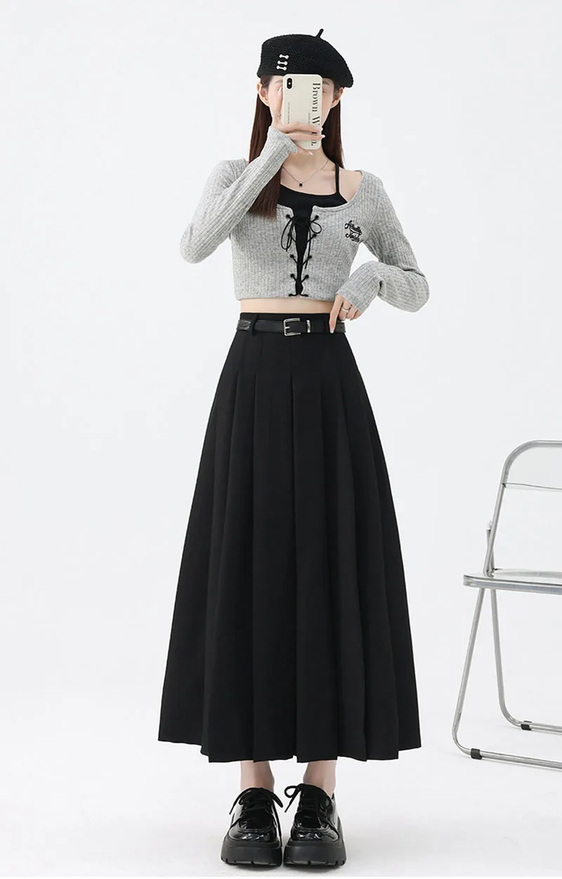 2026 New Women's Pleated Maxi Skirts Autumn High Waisted Zipper Jk Long Skirt Woman Elegant Loose Design Big Swing A-Line Skirts