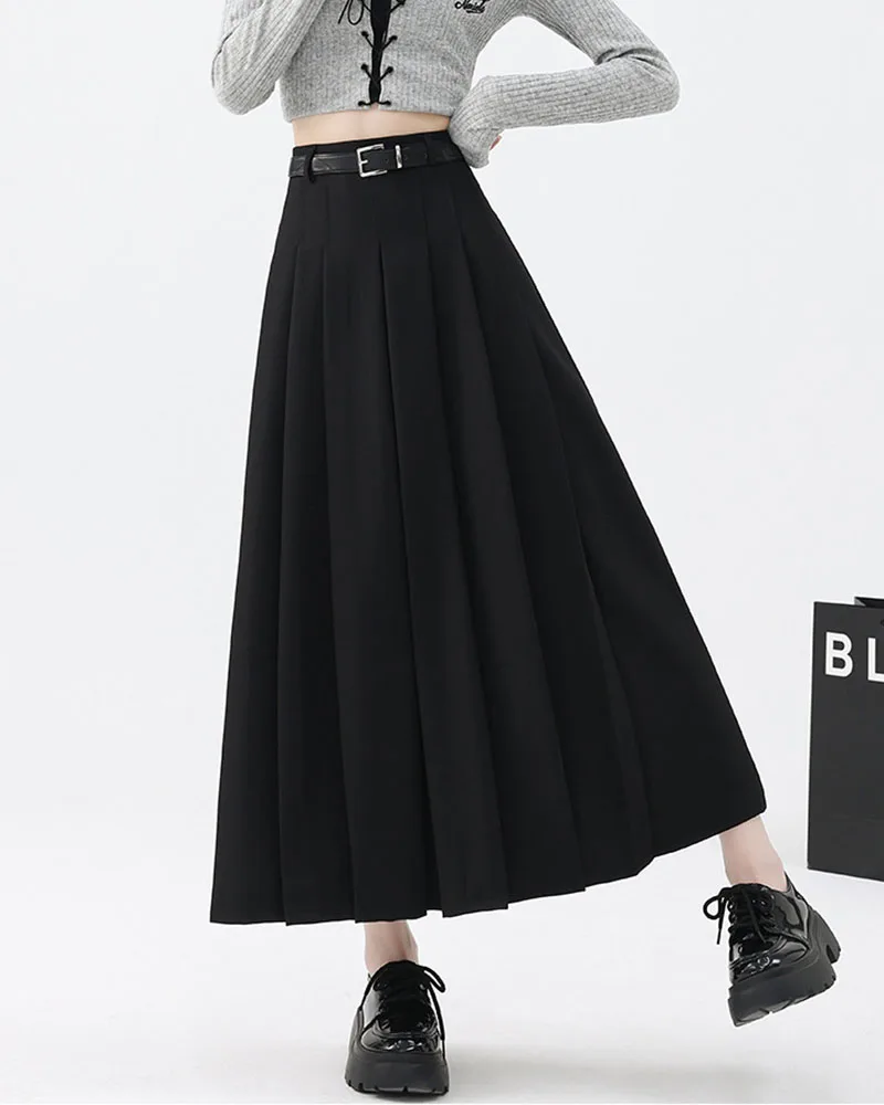 2026 New Women's Pleated Maxi Skirts Autumn High Waisted Zipper Jk Long Skirt Woman Elegant Loose Design Big Swing A-Line Skirts