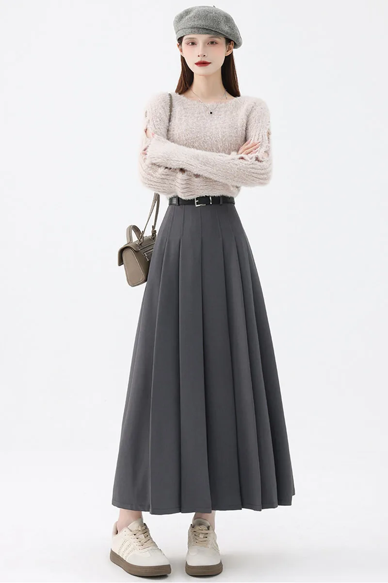 2026 New Women's Pleated Maxi Skirts Autumn High Waisted Zipper Jk Long Skirt Woman Elegant Loose Design Big Swing A-Line Skirts