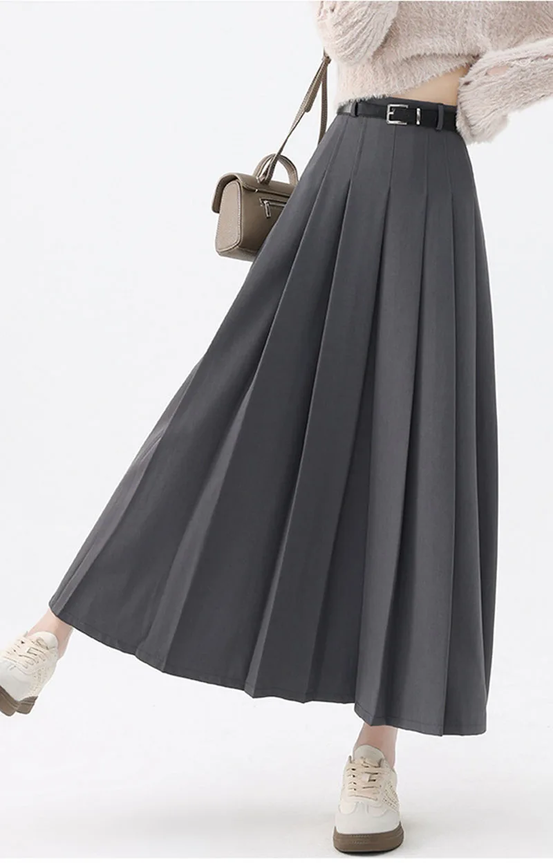 2026 New Women's Pleated Maxi Skirts Autumn High Waisted Zipper Jk Long Skirt Woman Elegant Loose Design Big Swing A-Line Skirts