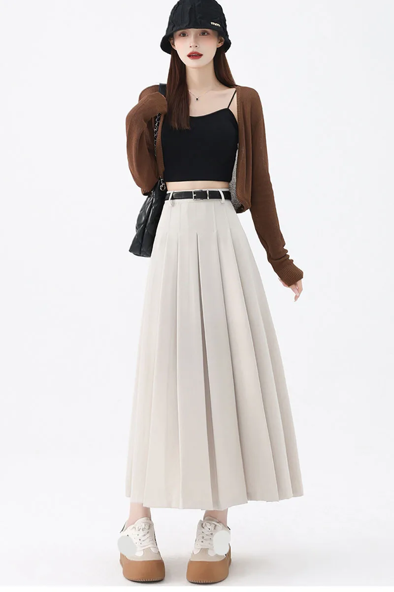 2026 New Women's Pleated Maxi Skirts Autumn High Waisted Zipper Jk Long Skirt Woman Elegant Loose Design Big Swing A-Line Skirts