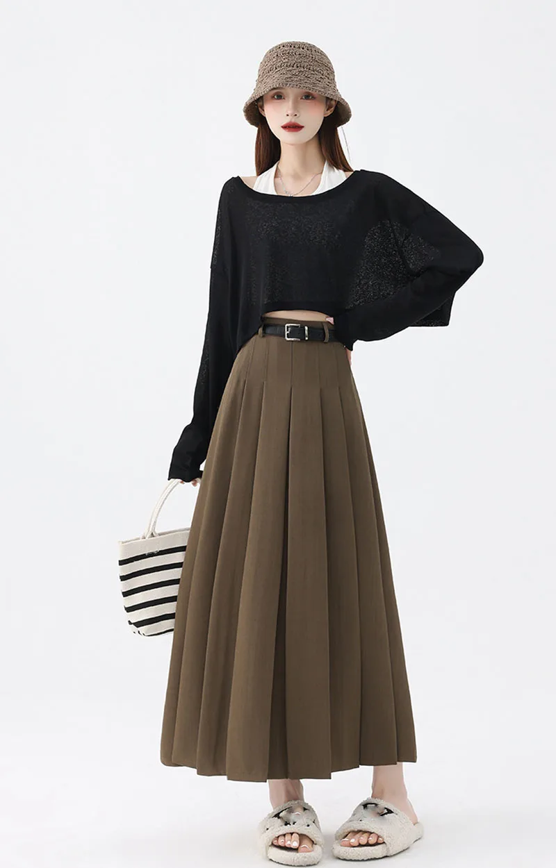 2026 New Women's Pleated Maxi Skirts Autumn High Waisted Zipper Jk Long Skirt Woman Elegant Loose Design Big Swing A-Line Skirts