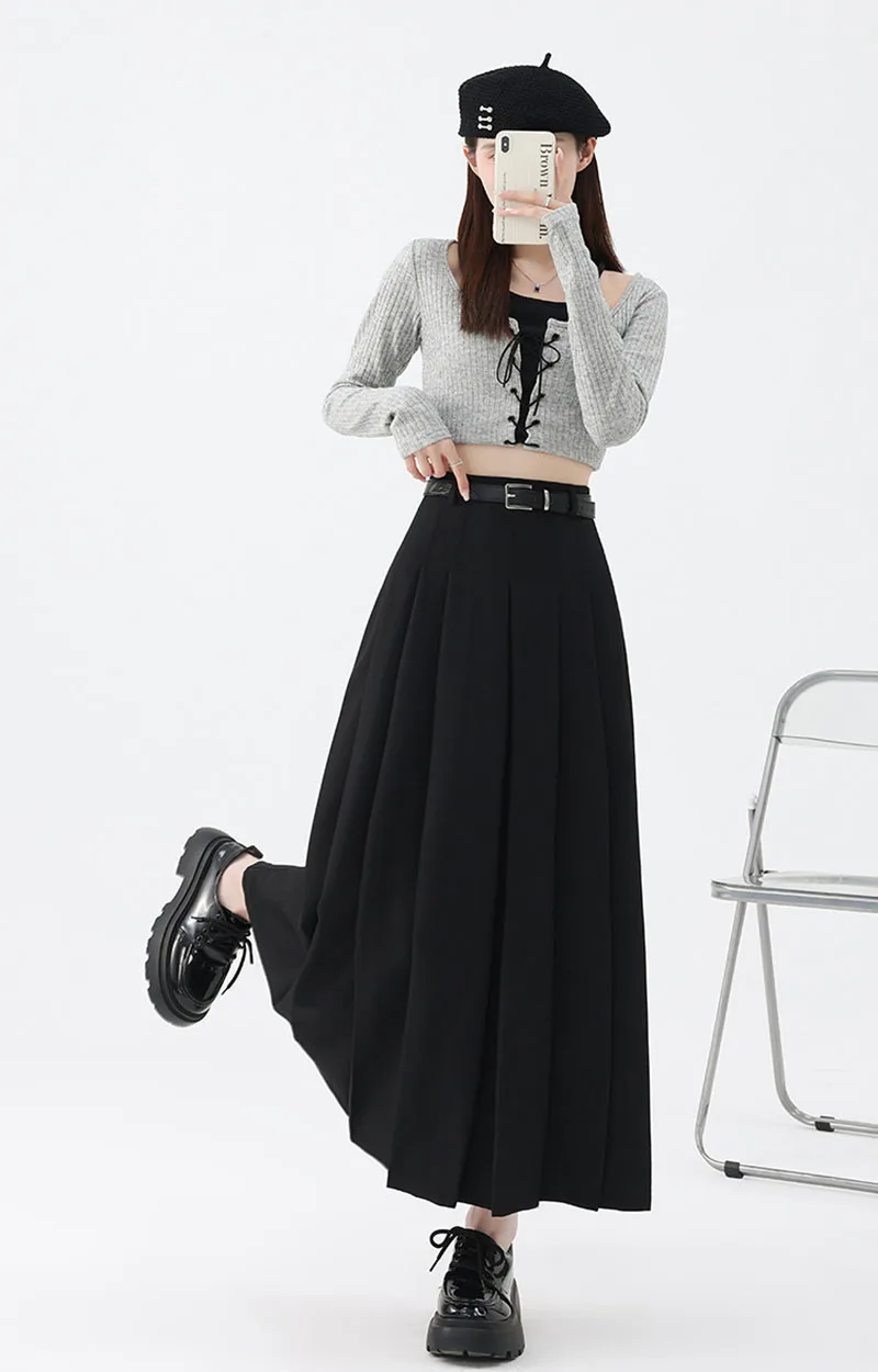 2026 New Women's Pleated Maxi Skirts Autumn High Waisted Zipper Jk Long Skirt Woman Elegant Loose Design Big Swing A-Line Skirts
