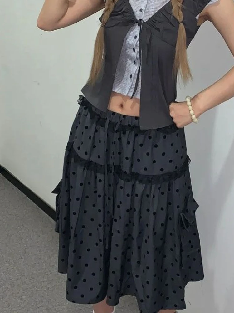 New Vintage Aesthetic Grey Design Polka Dot Skirts Women American Retro Cute Skirts Japanese A-line Lace Korean Popular Clothes