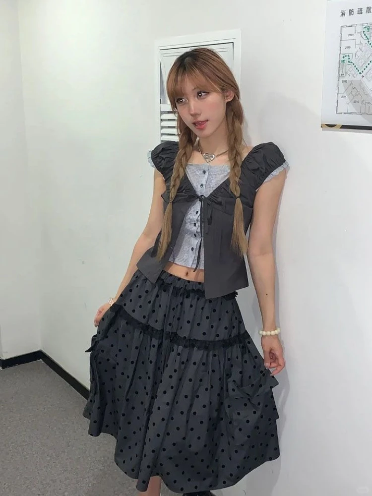 New Vintage Aesthetic Grey Design Polka Dot Skirts Women American Retro Cute Skirts Japanese A-line Lace Korean Popular Clothes