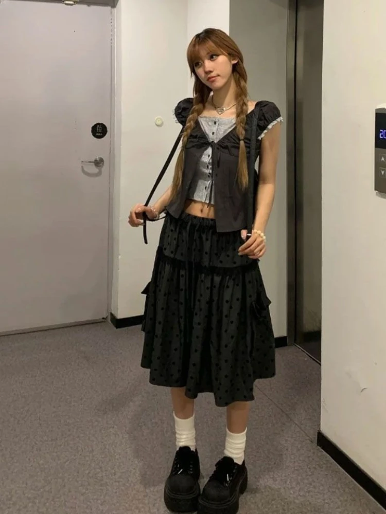 New Vintage Aesthetic Grey Design Polka Dot Skirts Women American Retro Cute Skirts Japanese A-line Lace Korean Popular Clothes